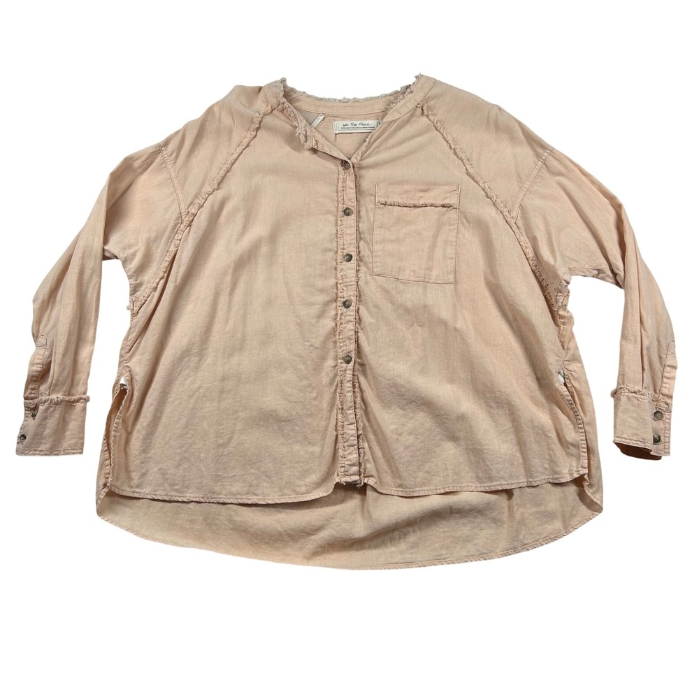 We The Free People Shirt Womens XS Linen Blend Frayed Button Oversized OB976950